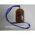 BROWN PU LEATHER ID BADGE CARD HOLDER with NECK STRAP SWIVEL LOBSTER CLAPS LANYARD attached